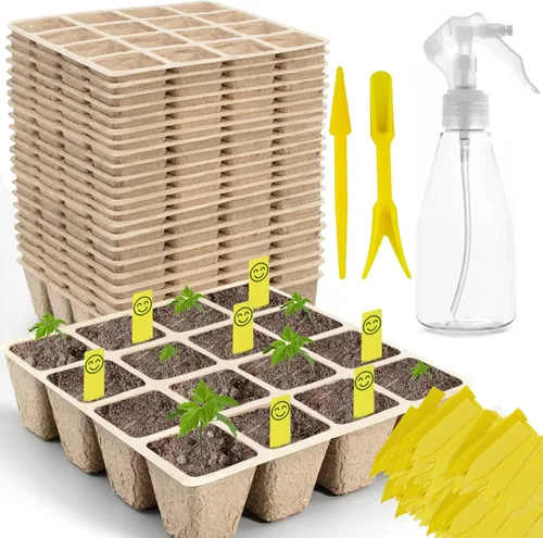 Miniatura 9 de Bandejas de inicio de plántulas de 200 celdas con agujeros de drenaje, 20 macetas de turba biodegradables, kit de inicio de plántulas, bandejas