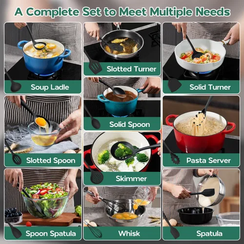 Miniatura 7 de Onader Juego de utensilios de cocina de silicona, 10 piezas de utensilios de cocina negros para utensilios de cocina antiadherentes, no tóxicos