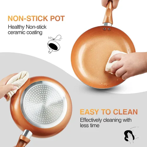 Miniatura 7 de M MELENTA Juego de ollas y sartenes ultra antiadherentes, preinstalados 11 piezas de utensilios de cocina de cobre con revestimiento de cerámica