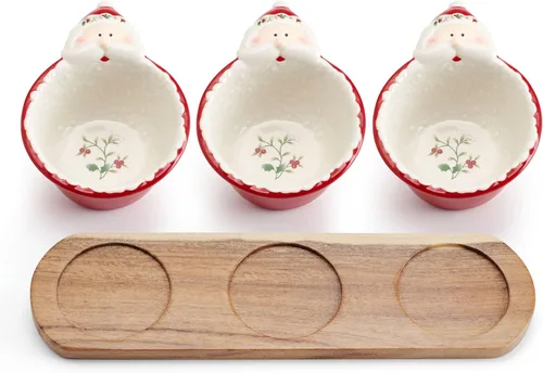 Miniatura 5 de Pfaltzgraff Winterberry Cuencos para Salsas de Papá Noel con Base de Madera, Juego de 3