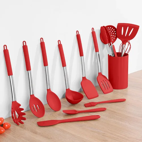 Miniatura 9 de Onader Juego de 15 utensilios de cocina de silicona, juego de espátulas rojas para utensilios de cocina con soporte, herramientas y accesorios Rojo