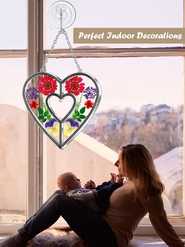Miniatura 9 de Ky&Bosam - Atrapaluz de cristal, ventana en forma de corazón, con flor prensada, diseño de corazón/ "Mom", regalo para el Día de la Madre, Navidad