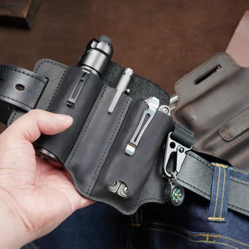 Miniatura 7 de VIPERADE PJ29 Funda multiherramienta para cinturón, organizador de bolsillo EDC de cuero para hombres, funda de cuero EDC, linterna y funda Marrón