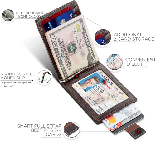 Miniatura 12 de SERMAN BRANDS - Billetera sencilla de cuero genuino con bloqueo RFID para hombre, billetera delgada con bolsillo frontal y clip para dinero