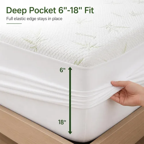 Miniatura 6 de Protector de colchón de viscosa de bambú impermeable, suave, silencioso y transpirable, bolsillo profundo de hasta 18 pulgadas, lavable a máquina