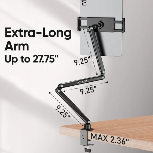 Miniatura 5 de Urmust Soporte de pared para tableta para iPad, rotación de 360°, soporte ajustable para tablet con brazo extensible de aluminio, para iPad