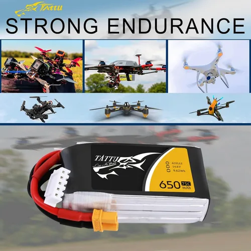 Miniatura 5 de TATTU Batería Lipo de 650mAh 4S1P 75C 14.8V con enchufe XT30 (2 piezas)