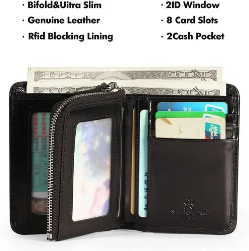 Miniatura 21 de Billetera para hombre con cremallera de cuero genuino RFID tarjeteros de piel de vaca con cremallera bolsillo para monedas, carteras plegables