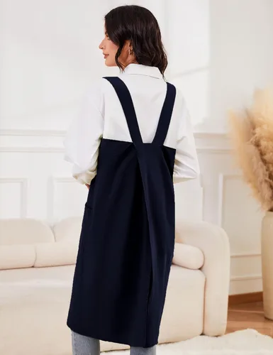 Miniatura 7 de Schine Pinafore de algodón con espalda cruzada para mujer, con bolsillos grandes, prácticos delantales para trabajos de jardinería, cocina, marino