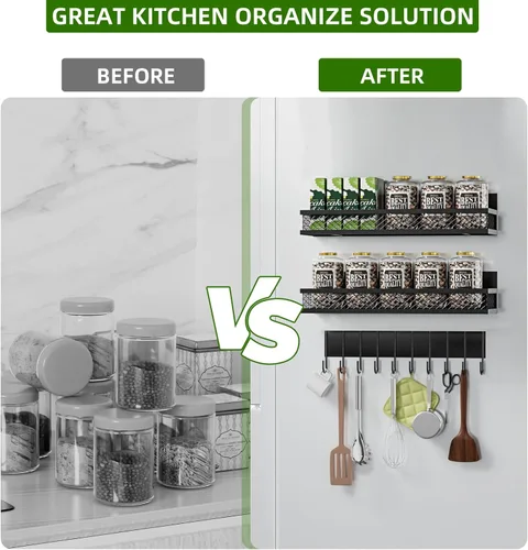 Miniatura 5 de Estante magnético para especias para refrigerador, paquete de 3 estantes magnéticos para refrigerador, cesta magnética móvil se utiliza para Negro
