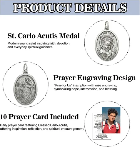 Miniatura 3 de Rlcvecv 10 piezas de medalla de San Carlo Acutis con juego de tarjetas sagradas, colgante de metal de San Carlos Acutis para collar, pulsera