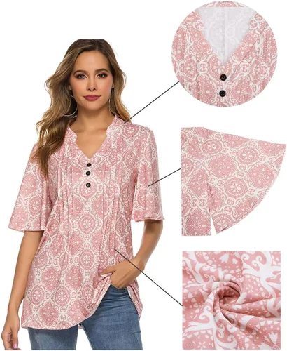 Miniatura 2 de HOCOSIT - Camiseta de manga corta con olanes y cuello en V con estampado de flores, plisada y abotonada, para mujer