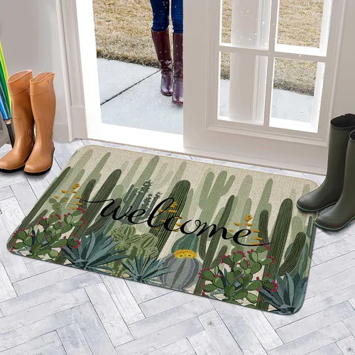 Miniatura 6 de Tapete de bienvenida para puerta de exterior, color verde cactus, 36 x 24 pulgadas, antideslizante, lavable, tapete para puerta de entrada
