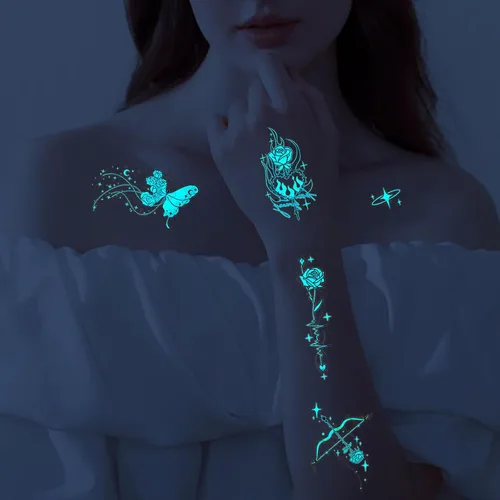 Miniatura 4 de Konsait 18 hojas de tatuajes temporales que brillan en la oscuridad para mujeres y niñas, tatuajes de luz azul y negra, tatuaje de flores