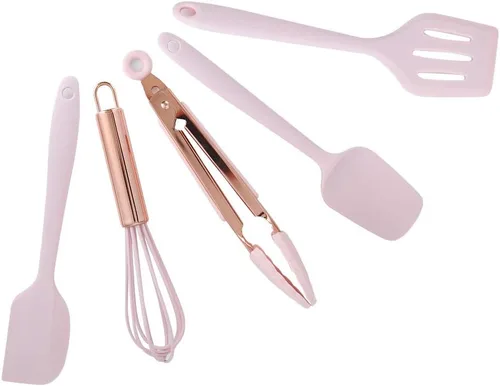Miniatura 8 de Utensilios de cocina de silicona, 5 piezas, juego de utensilios de cocina, espátula, utensilios de cocina para niños, raspador de silicona, rosa