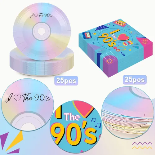 Miniatura 4 de 50 platos y servilletas de papel de fiesta de los 90 para platos de postre de los 90, decoración temática de los años 90, juego de vajilla