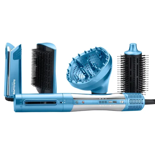 BaBylissPRO StyleSwitch Ionic Multi-Styler, Air Styler and Hair Dryer, Lightweight Hot Air Brush with 5 Attachments, Automatic Dual Voltage Azul