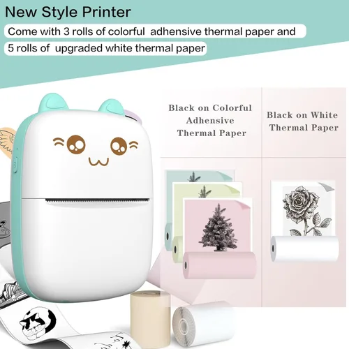 Miniatura 5 de Mini impresora portátil, impresora de pegatinas sin tinta con 8 rollos de papel, mini impresora térmica inalámbrica Bluetooth compatible con iOS +
