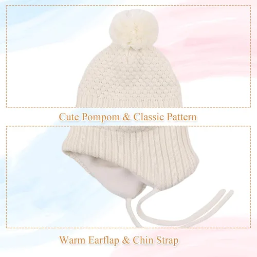 Miniatura 4 de Gorros de invierno para niña con forro polar para niños, gorro de punto con orejeras con pompón, de 0 a 8 años