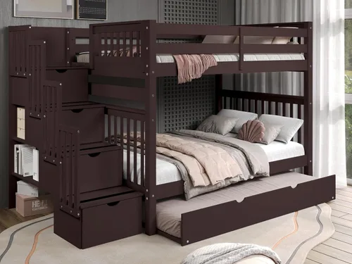 Miniatura 9 de Bedz King Literas de escalera de tamaño matrimonial con 4 cajones en los escalones y un nido completo, color cereza oscuro