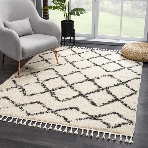 Miniatura 68 de Hauteloom, Duncans - Alfombra de estilo granja de pelo mullido para sala y dormitorio, con borlas - Beige, carbón, gris - 2 pies 7 pulgadas x 7 pies