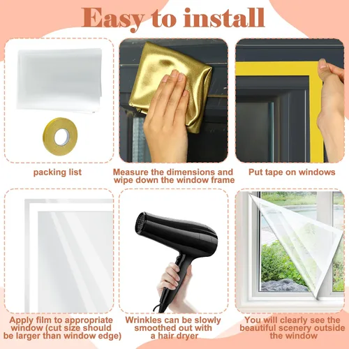 Miniatura 3 de Kit de aislamiento de ventana de 6 piezas de 47 x 63 pulgadas, película retráctil transparente cortable con cinta adhesiva de doble cara