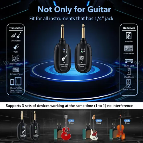 Miniatura 3 de Sistema de guitarra inalámbrico A8 UHF, 2 modos, batería recargable de litio, rango de 100 pies, Plug & Play para guitarra, bajo, violín, teclado