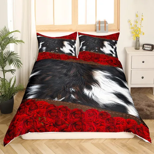 Miniatura 3 de Manfei Juego de funda de edredón de piel de vaca, tamaño individual, juego de ropa de cama de flores de rosa roja, 2 piezas para niños y niñas