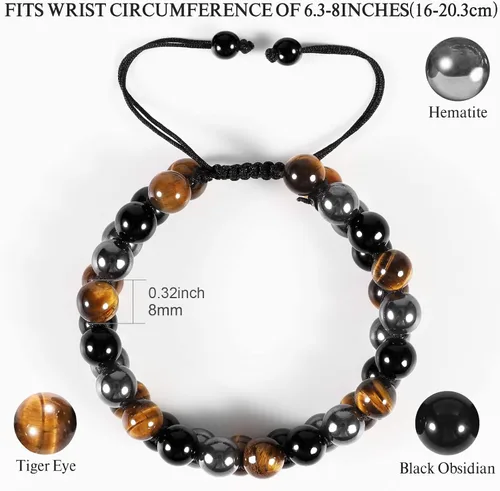 Miniatura 2 de Denchy Triple Protection Bracelet, Tigers Eye - Black Obsidian and Hematite Beaded Bracelets for Men Women, Tourmaline Spiritual Natural Crystal