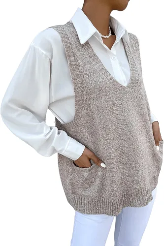 Miniatura 4 de Romwe Suéter de gran tamaño para mujer, cuello en V, doble bolsillo lateral, sin mangas, suéter de punto marmolado, suéter sin mangas