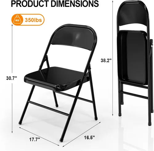 Miniatura 3 de VINGLI Sillas plegables con marco de metal de acero, capacidad de 350 libras, duraderas, portátiles y versátiles para uso en interiores y Negro