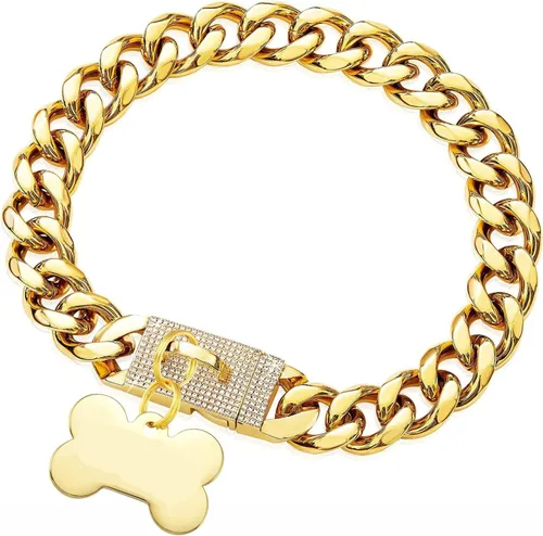 Miniatura 9 de Collar de cadena de plata para perros con diseño de hebilla de seguridad y etiqueta de identificación, collar para mascotas, fuerte cadena
