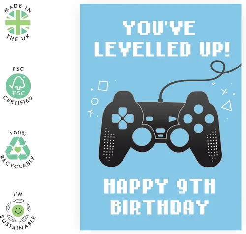 Miniatura 2 de CENTRAL 23 Divertida tarjeta de noveno cumpleaños para niños – «You've Levelled Up!» – Feliz 9º cumpleaños – 9 años – Tarjeta de felicitación azul