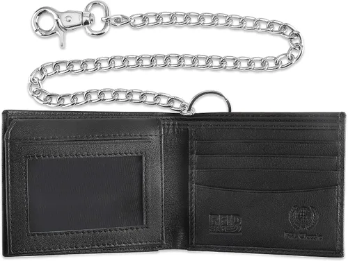 Miniatura 4 de F&L CLASSIC Cartera de cadena de acero de cuero vacuno con bloqueo RFID para hombre, estilo bi-fold, Negro -, Cartera RFID