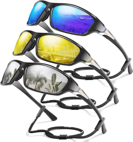 Miniatura 42 de Paquete de 3 lentes de sol deportivos polarizados para hombres, gafas de sol masculinas envolventes con protección UV para ciclismo, pesca