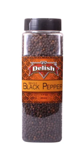 Granos de pimienta negra entera para molinillo - por It's Delish (tarro grande), marrón oscuro