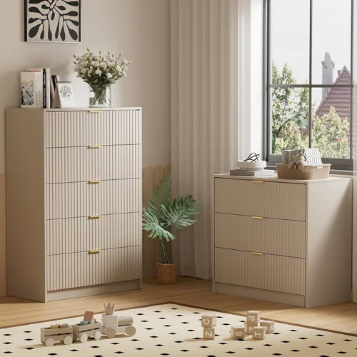 Miniatura 6 de Furniway - Cómoda color beige para habitación, moderna, 3 cajones y deslizadores suaves, cómoda ancha con jaladeras doradas para sala o armario