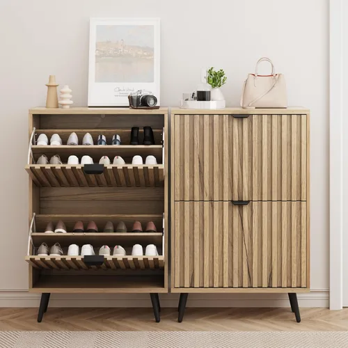 Miniatura 3 de Smuxee Armario de zapatos con 2 cajones abatibles, gabinete de almacenamiento de zapatos oculto natural de 23.6 pulgadas con diseño estriado