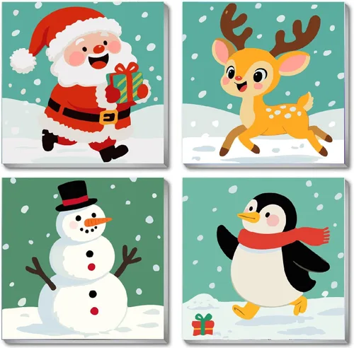 KYOQFVN Paquete de 4 pinturas enmarcadas de Navidad por números para niños, pintura por números con lienzo, kits de pintura al óleo por números para