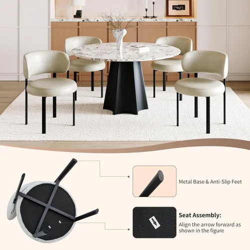 Miniatura 6 de Juego de 2 sillas de comedor beige de cuero con patas de metal, soporte de resorte y respaldo curvado, silla redonda de comedor de cocina