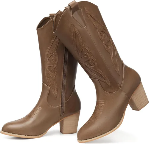 Miniatura 2 de SHIBEVER Botas vaqueras para mujer Medio Botas vaqueras negras de pantorrilla ancha con bordado occidental de tacón alto con punta redonda