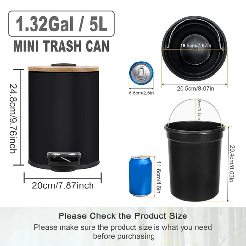 Miniatura 2 de SIDIANBAN Bote de basura pequeño para baño con tapa de bambú, 1.3 galones/5 litros, negro, hierro