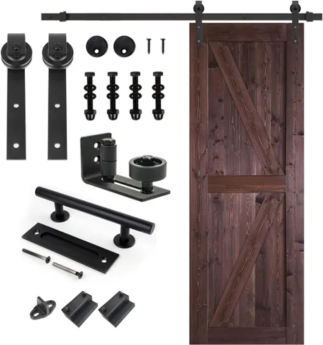 Miniatura 10 de S&Z TOPHAND 20 pulgadas x 84 pulgadas. Puerta de granero anudada británica sin terminar con kit de herrajes deslizantes de 4 pies/madera