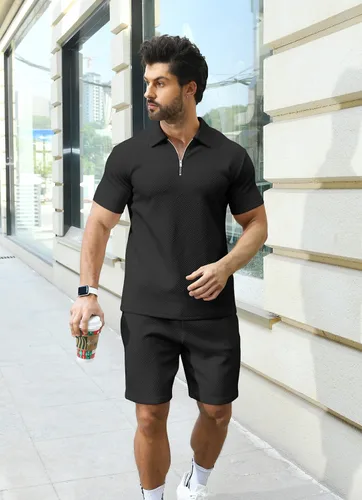 Miniatura 5 de KUYIGO Conjunto de camisa polo y pantalones cortos para hombre, trajes de verano a la moda, casual, de manga corta, traje de 2 piezas para hombre