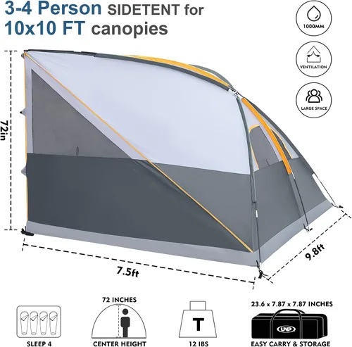 Miniatura 2 de UNP Cubo de Camping Carpa Lateral Emergente para Toldos de 10' x 10', Carpa de Fácil Instalación, Gazebo Gris (Toldo/REFUGIO NO Incluido)