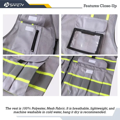 Miniatura 4 de JKSafety - Chaleco reflectante de seguridad de alta visibilidad con 9 bolsillos de malla para hombres y mujeres Cremallera frontal Múltiples