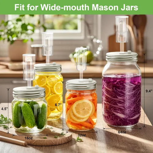 Miniatura 2 de Paquete de 4 kits de fermentación para tarro Mason de boca ancha, incluye 4 pesos de fermentación de vidrio, 4 tapas de fermentación, 4 esclusas