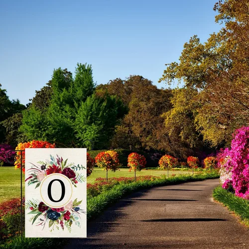 Miniatura 6 de Banderas de jardín con monograma de letra O, bandera de jardín de verano de 12 x 18 pulgadas, banderas florales de doble cara para patio, bandera