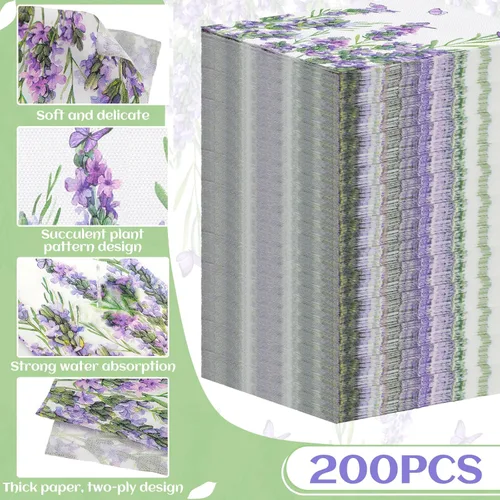 Miniatura 6 de Geyoga 200 servilletas de lavanda de 2 capas de flores de lavanda moradas, toallas de mano desechables, servilletas de papel decorativas para baño