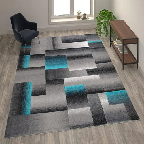 Miniatura 31 de Flash Furniture Elio Collection - Alfombra de área con patrón de bloques de color, alfombra de olefina azul de pelo alto, alfombra de área de 2 x 3